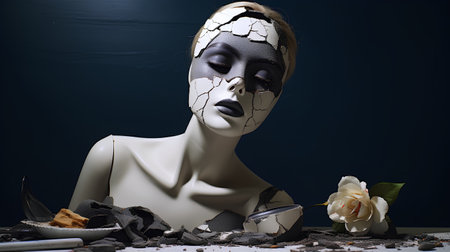 Beautiful woman with creative make-up and chocolate skull on dark backgroundの素材