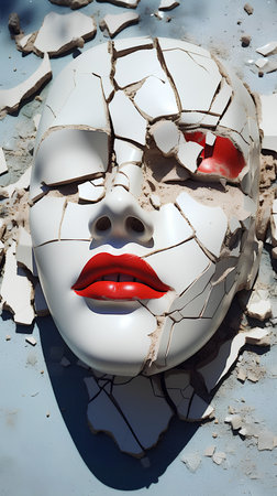 3d rendering of a white mask with red lips on a cracked surfaceの素材