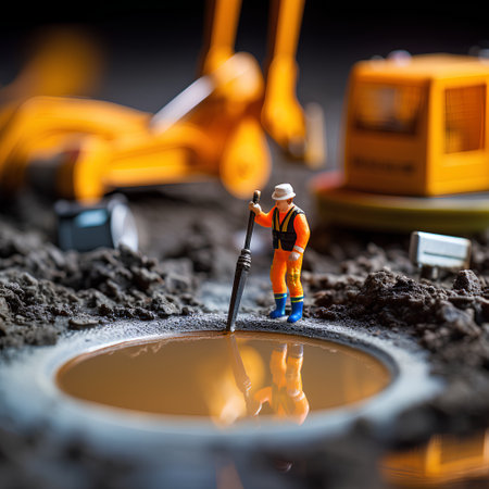 Miniature people engineer worker in construction site with excavator and bucketの素材