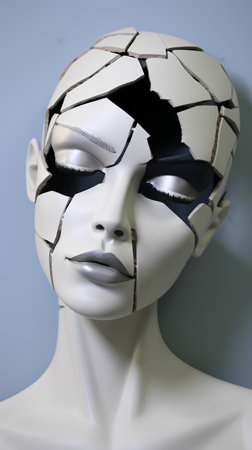 3d render of female mannequin head with broken face.の素材