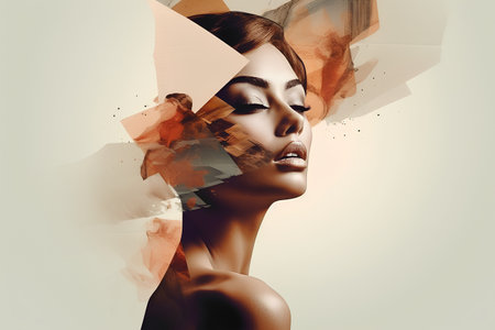Beautiful woman with creative make-up and abstract background. Art collage.の素材