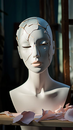 3d rendering of a female mannequin with a cracked faceの素材