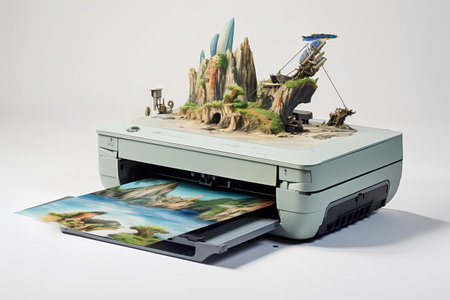 3d render of a printer with a model of an island in the middleの素材