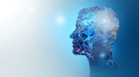 Abstract polygonal human head on blue background. Vector illustration.の素材
