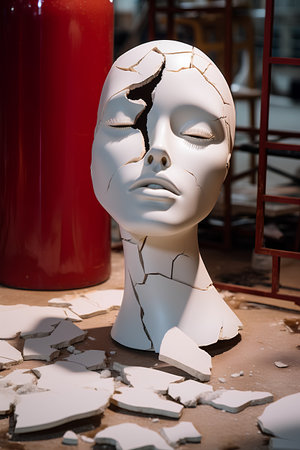 Mannequin head with cracked face. 3d illustration. Conceptual image.の素材