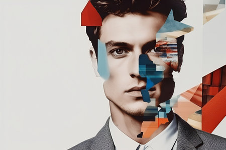 Portrait of a handsome young man with abstract colorful background. Double exposureの素材