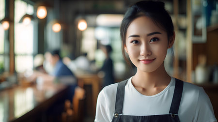 Portrait of a beautiful asian waitress in a coffee shop.の素材