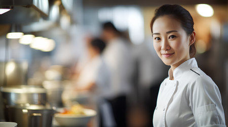 Foto de Portrait of a beautiful young asian woman standing in a restaurant - Imagen libre de derechos