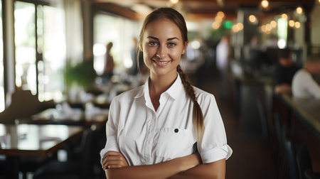Portrait of a beautiful waitress in a restaurant, looking at cameraの素材