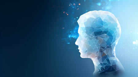 Artificial intelligence concept. Polygonal human head on blue backgroundの素材