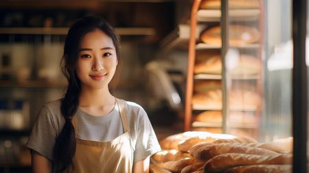 young asian woman in apron with fresh bread in bakery shopの素材