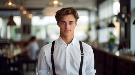 Portrait of a handsome young man standing in a cafe or restaurantの素材