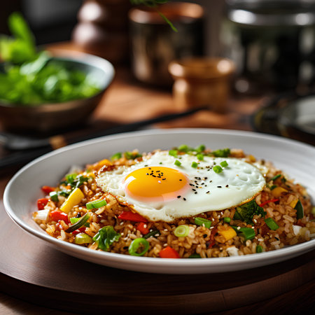 Fried rice with fried egg and vegetables on a wooden table.の素材
