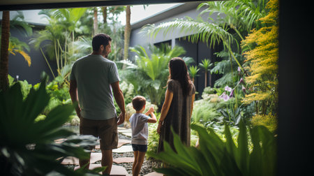 Back view of young Asian family holding hands and walking through the garden.の素材