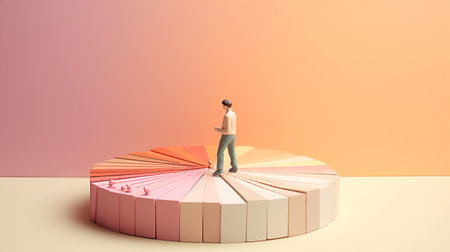 Businessman standing on a pie chart with colorful charts. 3D Renderingの素材