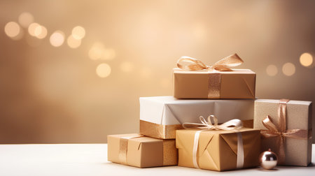 Gift boxes with gold ribbons on bokeh background.の素材