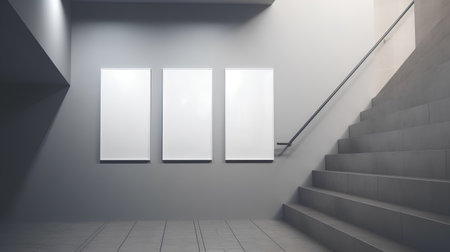 3D rendering of two blank frames on a wall in a roomの素材