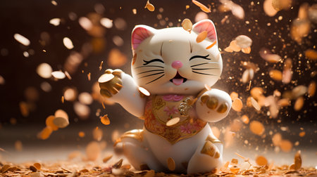 Cute cat with golden leaf and falling petals. 3d renderingの素材