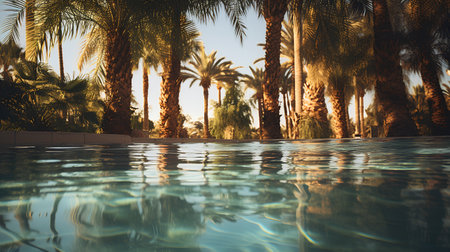 Swimming pool with palm trees on the background. Vintage filter effectの素材