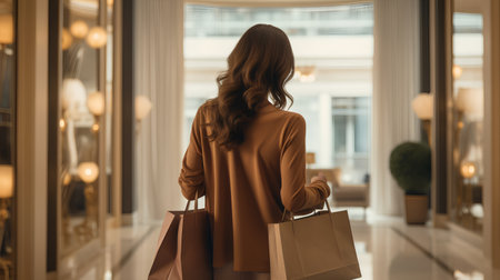 Rear view of beautiful young woman in brown coat with shopping bags in shopping mall.の素材