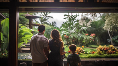 Back view of a young couple and their son looking out the window at tropical gardenの素材