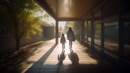 Silhouette of mother and daughter walking in the corridor of the schoolの素材