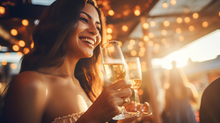 Beautiful young woman is holding a glass of champagne and smiling.の素材