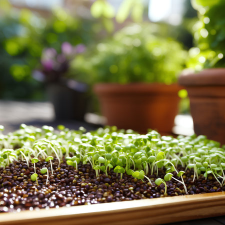 Sprouts of microgreens in a tray on a wooden tableの素材