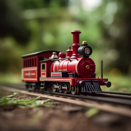 Vintage toy train on the railway with blurred background, vintage toneの素材