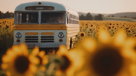 Vintage school bus in a field of sunflowers at sunsetの素材