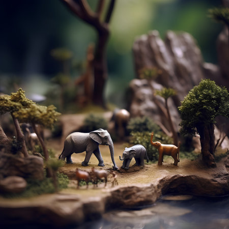 Miniature people : Elephant and elephant standing on the ground in the forestの素材