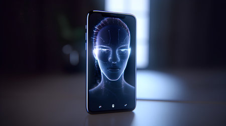 Futuristic artificial intelligence concept with human face on smartphone screen 3D renderingの素材