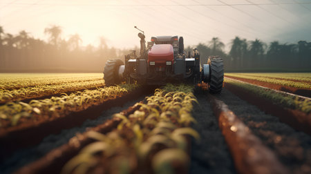 Tractor with a sprayer on the field. 3d renderの素材