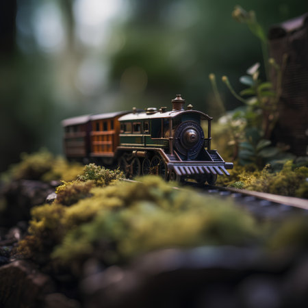Miniature model of a toy train on the background of green moss. Selective focus.の素材