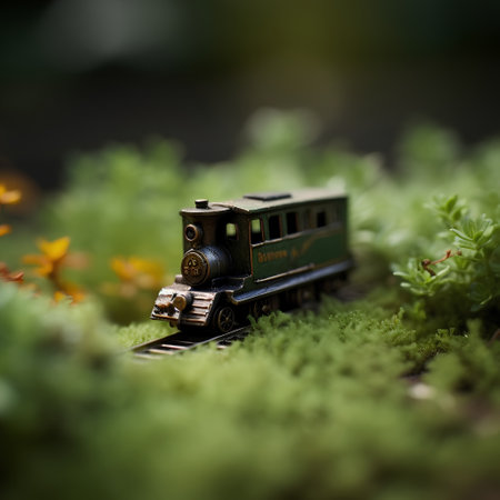 Miniature toy train on the green moss. Selective focus.の素材