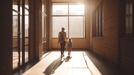 Back view of a young couple walking in the corridor of a modern buildingの素材