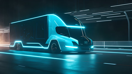 Blue delivery van on the road with neon lights. 3d renderingの素材