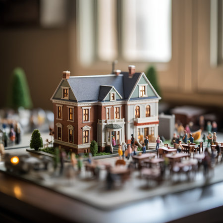 Miniature people on the table with model of the house. Selective focus.の素材