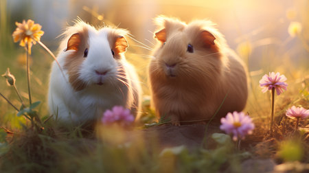 Two cute guinea pigs in the meadow with flowers at sunsetの素材