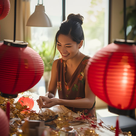 Beautiful asian woman making paper lanterns for Chinese new yearの素材