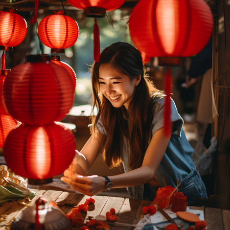 Beautiful young woman making paper lanterns during Chinese New Year festivalの素材