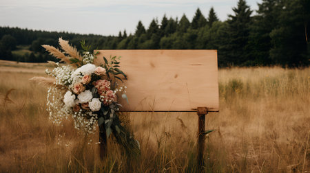 Blank wooden signboard in the field with a bouquet of flowersの素材