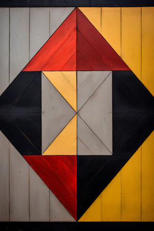 Colorful geometric pattern on a wooden wall. 3d rendering.の素材