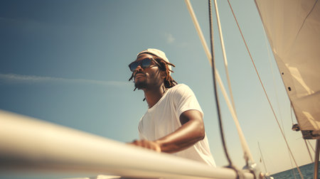 stylish hipster man with dreadlocks and sunglasses on sailing boatの素材