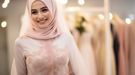 Hijab woman wearing white dress in shopping mall with bokeh background.の素材