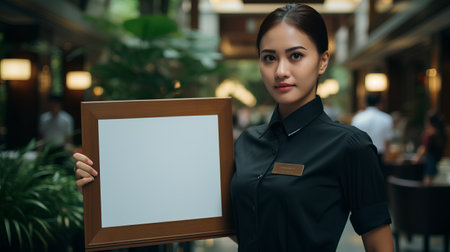 Beautiful asian business woman holding blank signboard in restaurant.の素材