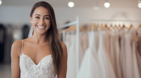Beautiful young woman in wedding dress standing in the wedding salon.の素材