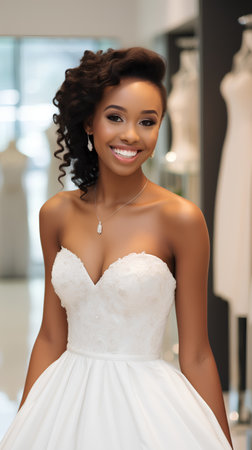 beautiful african american bride in wedding dress looking at cameraの素材