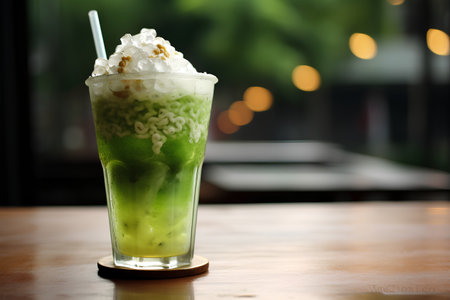 Iced green tea with whipped cream in a glass on wooden tableの素材