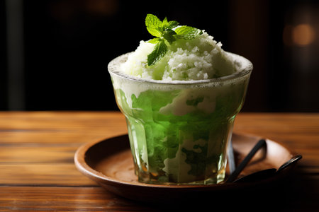 Green tea ice cream with mint in a glass on a wooden tableの素材